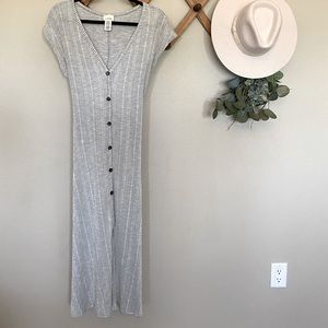 Midi Stripped Gray Dress w/Faux buttons